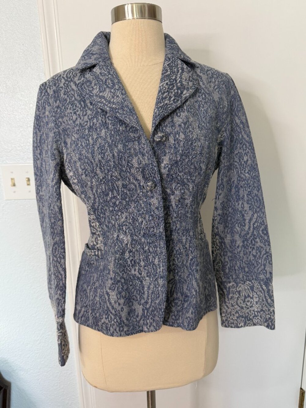 J. Jill Petite 4P Blue Floral Jacquard Linen Blend Blazer Jacket